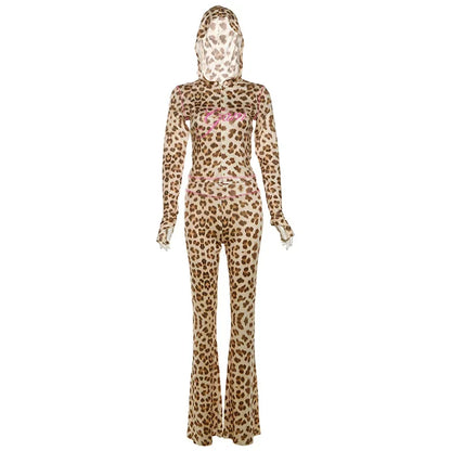 FAGADOER Sexy Leopard Print 2 Piece Sets Women Outfit Long Sleeve Zipper Hooded Crop Jacket + Flare Pants Suits Female Clothing