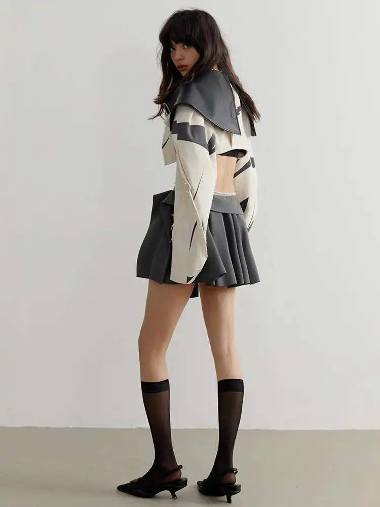 DEAT Fashion Women's Spliced Edge Contrasting Short Jackets Big Lapel Zipper Long Sleeve Short Coat Autumn 2025 New 1DF6153
