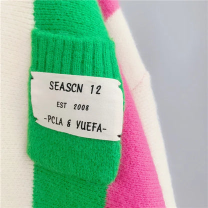 Joskaa Striped Patchwork Knitted Cardigan Women V-Neck Long Sleeve Single Breasted Sweater Coat Autumn 2023 Outwear Streetwear
