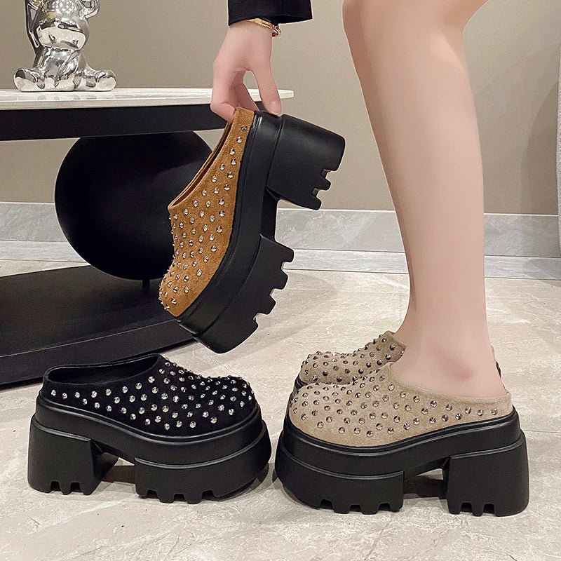 10CM New Rivet Platform Women Slippers Fashion Chunky High Heeled Sandals Comfort Roma Style Round Toe Slide Mule Shoes Summer