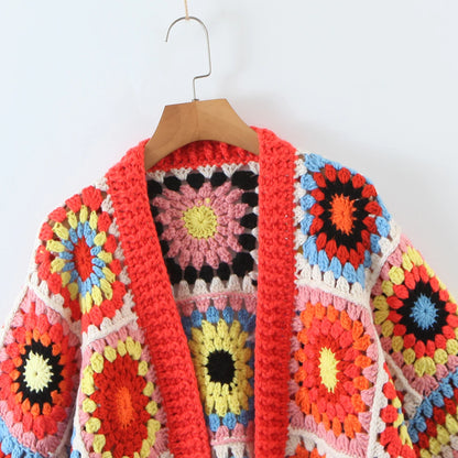 BOHO Geometric Plaid Hand Made Crochet Cardigan Woman V neck Long sleeve Sweater Open Stitching Knitwear Jumper Holiday
