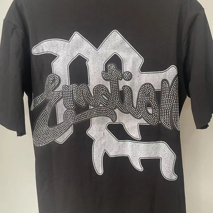 New Summer Letter Rhinestone Short Sleeve Black Mens Tshirts Streetwear Cotton Loose Round Neck Top Tees Oversized Unisex Tshirt