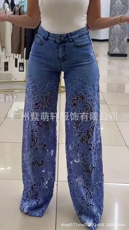 Women's Spring Summer Fashion Hollow Out Lace Splicing Denim Drape Pants Full Length Trousers
