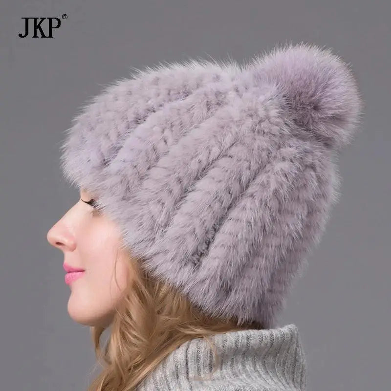 2024 New Genuine Mink Fur Hat Fashion Winter Warm Ball Caps With Copious Female Beanie Knit Cap and Liner 6 Colors BZ-11