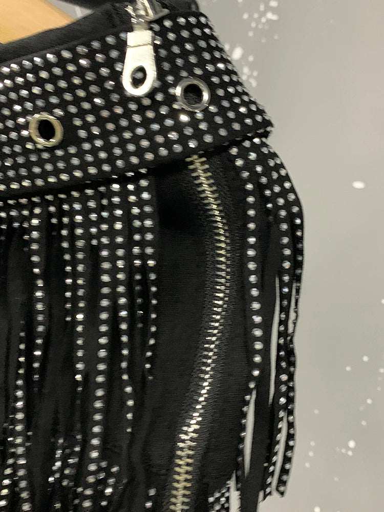 XFPV American Style Women's Shorts Summer Belt Gathered Waist Zipper Spliced Beading Tassel Shorts Female New Fashion 22D1803