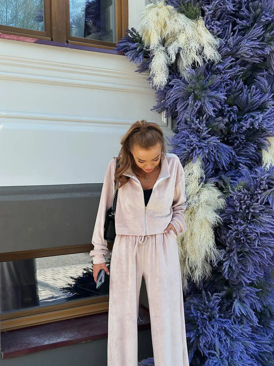 Autumn And Winter Long-sleeved Zipper Lapel Jacket Elastic Waist Wideleg Trousers Velvet Casual Two-Piece Suit For Office Ladies