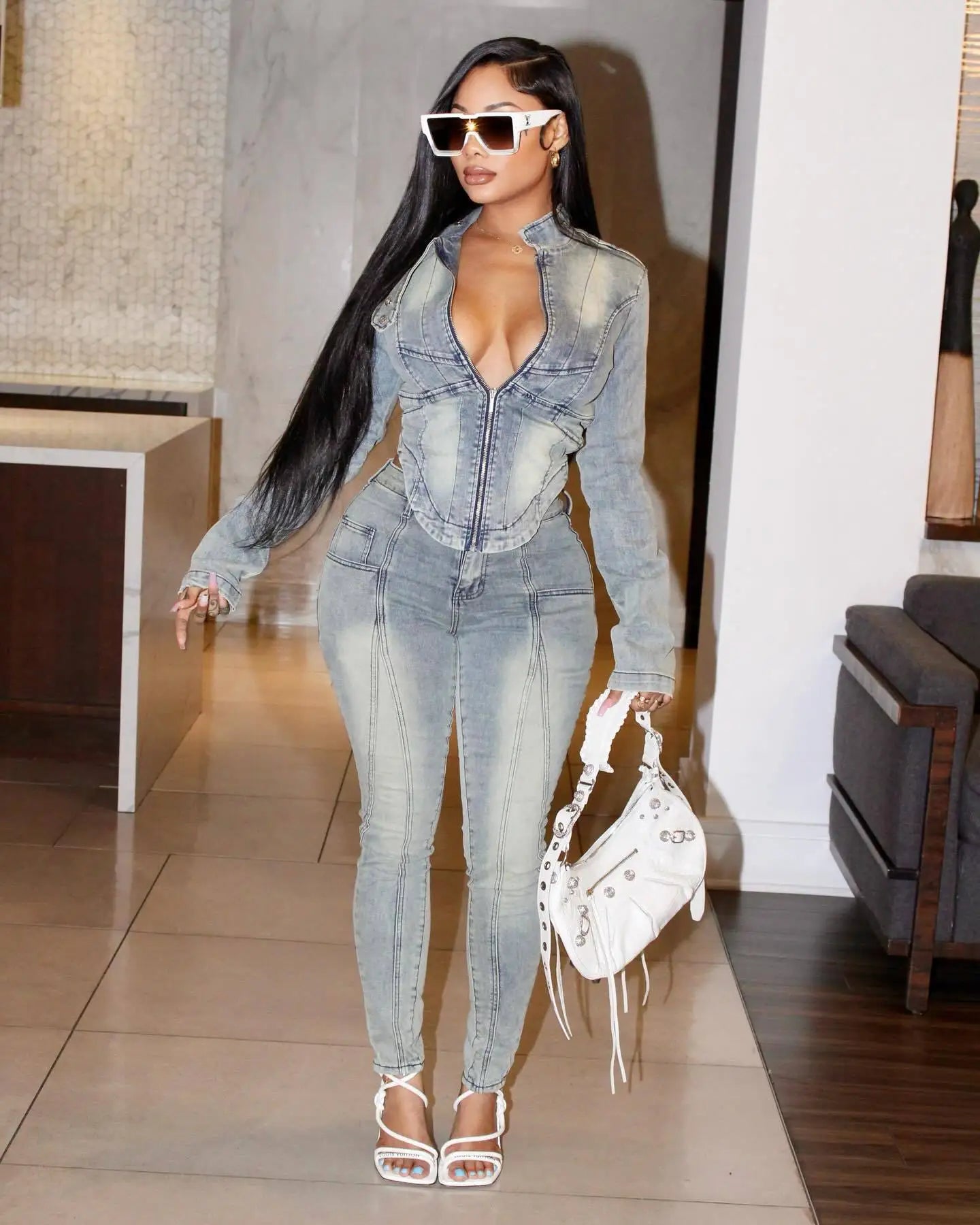 CM.YAYA Fashion Denim Women's Set Full Sleeve V-neck Jacket +Jeans Pants 2024 Fall Streetwear Two 2 Piece Sets Outfit Tracksuit