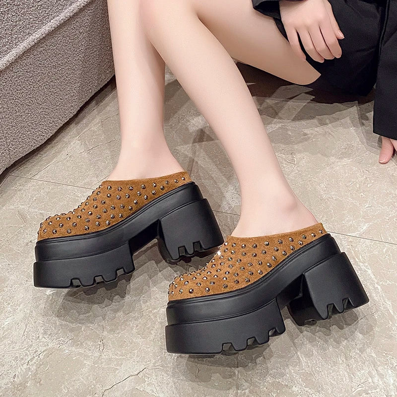 10CM New Rivet Platform Women Slippers Fashion Chunky High Heeled Sandals Comfort Roma Style Round Toe Slide Mule Shoes Summer