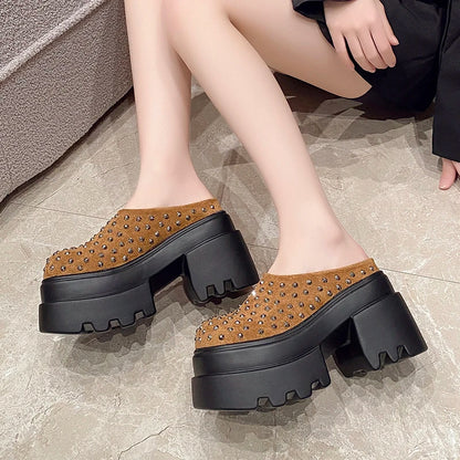 10CM New Rivet Platform Women Slippers Fashion Chunky High Heeled Sandals Comfort Roma Style Round Toe Slide Mule Shoes Summer