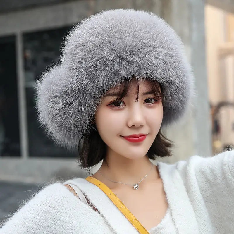 2025 100% Real Fox Fur Hats Women's Russian Ushanka Aviator Trapper Snow Skiing Hat Caps Earflap Winter Raccoon Fur Bomber Hat