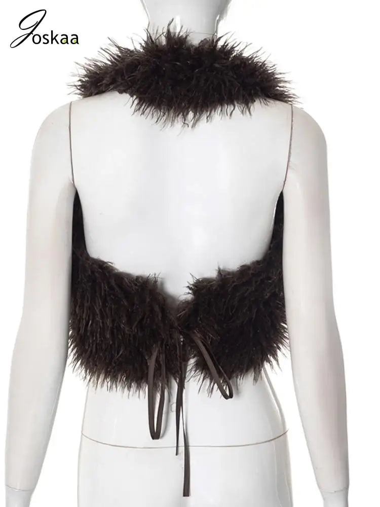 Joskaa Sexy Faux Fur Waistcoat Women Furry Backless Bandage Halter Crop Vests Coat 2025 Fashion Warm Outerwear Y2K Streetwear