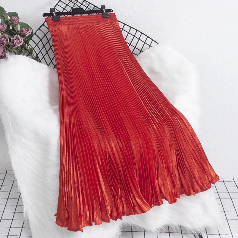 Women's Fashion Pleated Mermaid Long Skirt Korean Style Casual High Waist Satin Flowy Skirts Shiny 19 Colors 2024 Spring SK500