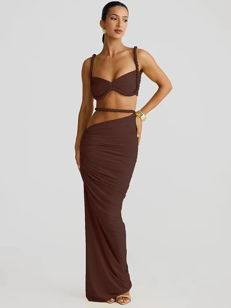 Weird Puss Bandage Ruched 2 Piece Set Women Square Collar Bra+Skinny Long Skirts 2025 Summer Vacation Beach Party Trend Suits