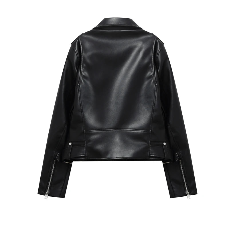 RARF 2024 Women's Spring Black faux-leather jacket Casual zipper and belt Cycling jacket Casual jacket jacket