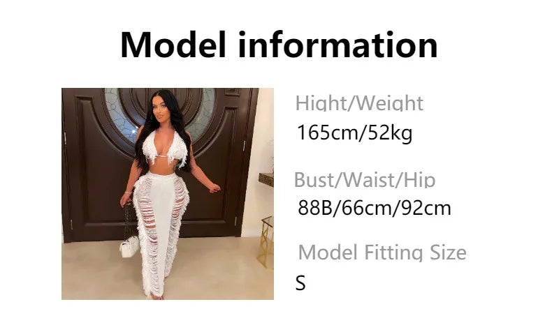 JRRY Sexy Women Knitted Set Halter Backless Crop Top Tassel Skirt Crochet Two Pieces Set Hollow Out Crocheted Beach Dress Set