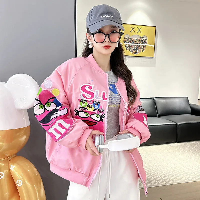 Cross-border Cartoon Embroidery Baseball Jacket For Men Women Casual Loose Fit Hip Hop Top Spring Autumn Letter Couple Jacket