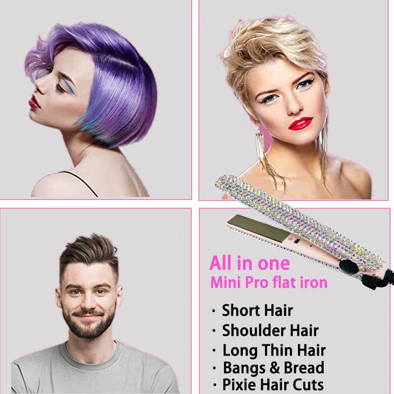 Mini Hair Straightener and Curler With Diamonds 2 in 1 Portable Mini Bangs Flat Iron Tourmaline Plate Flat Iron For Short Hair