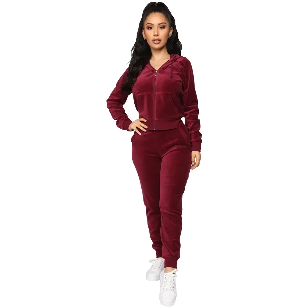 Women Pant Sets Comfortable Velvet Matching Sets Two Piece Set Autumn Loose Zipper Hoodie Jacket Elastic Waist Skinny Pants Sets
