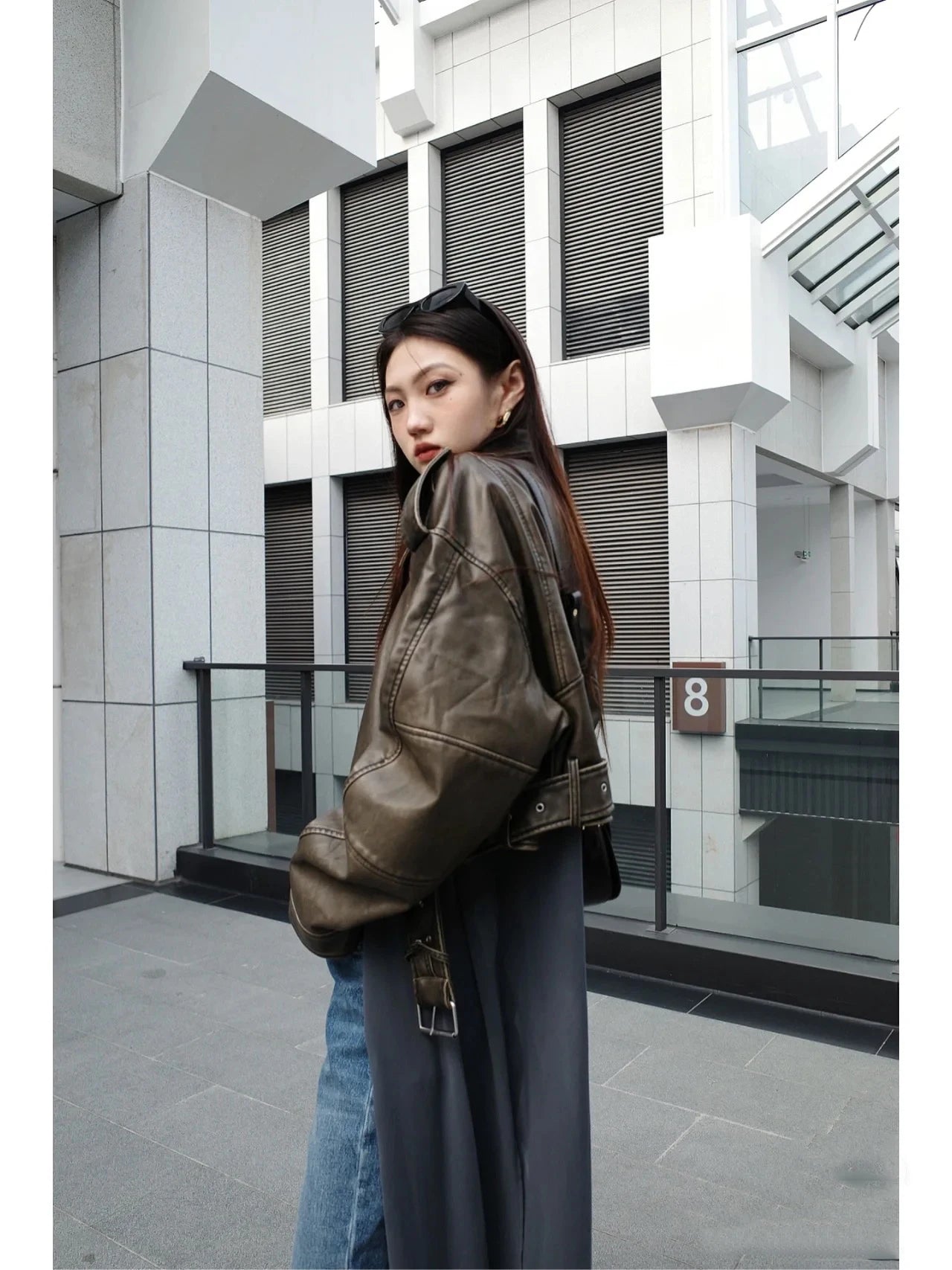 RARF Women's new vintage wash to do old short lapel long sleeve loose pu imitation leather jacket coat