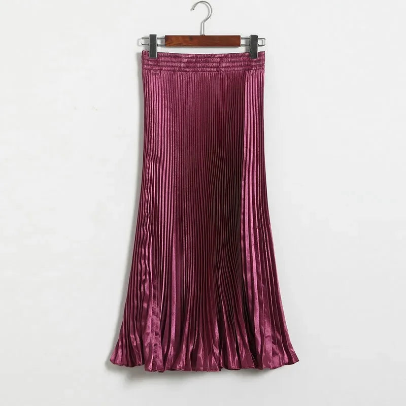 Women's Fashion Pleated Mermaid Long Skirt Korean Style Casual High Waist Satin Flowy Skirts Shiny 19 Colors 2024 Spring SK500