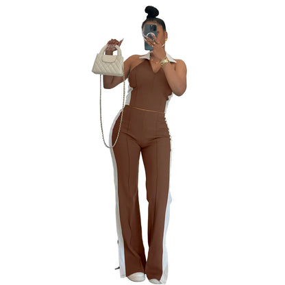 CM.YAYA Sporty Patchwork Women's Set Sleeveless Polo-tank Tops and Slit Flare Pants 2025 Active Two 2 Piece Set Outfit Tracksuit