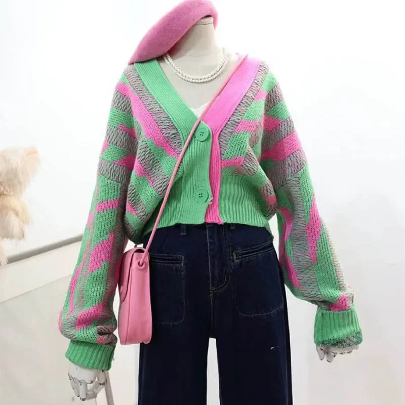 Women Color Block Green Crop Cardigan High Street Long Sleeve Knit Top Sweater Autumn Winter Korean Dongdaemun Fashion Trends