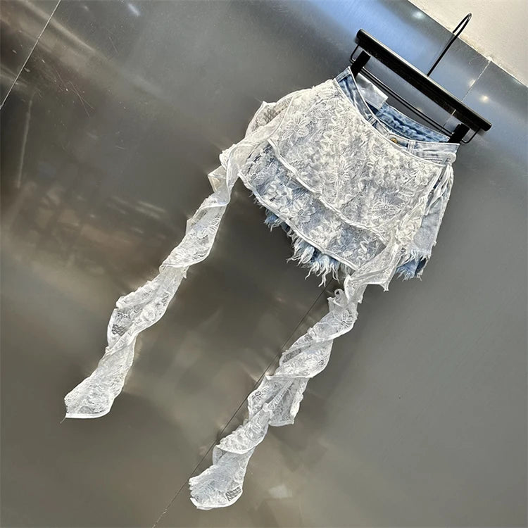 Ruffle Leaf Edge Irregular Curtain Skirt Sweet A Line Skirt Lace Splicing Denim Shorts Street Hipster Denim Shorts Women