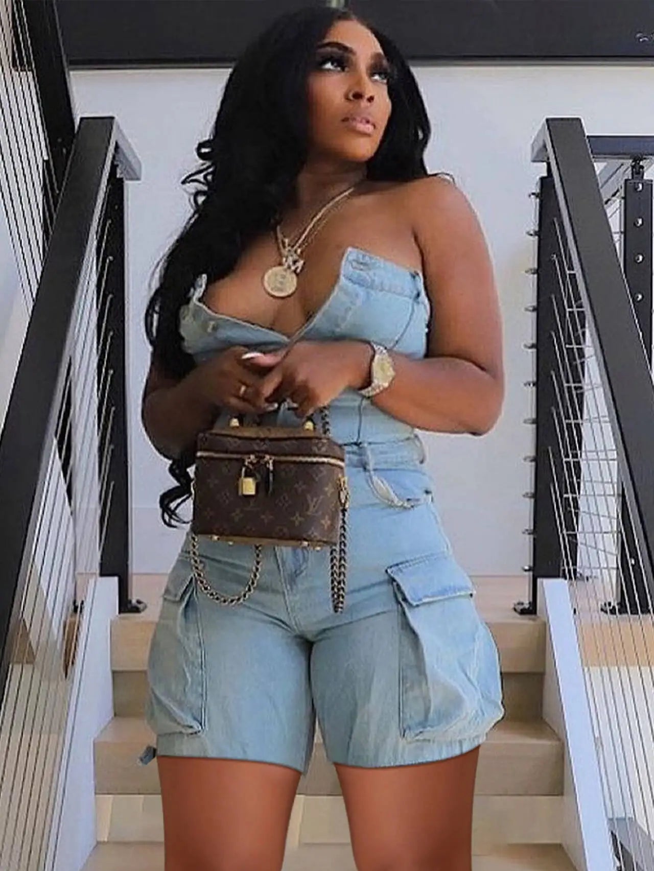 FAGADOER Fashion Cargo Pocket Patchwork Denim Romper Women Button Backless Sleeveless Jumpsuit Female Streetwear Overalls 2025