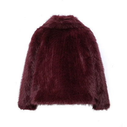 TRAFZA Female Vintage Artificial Fur Effect Coats Lapel Warm Plush Long Sleeves Hidden Buttons Autumn Winter Casual Outerwear