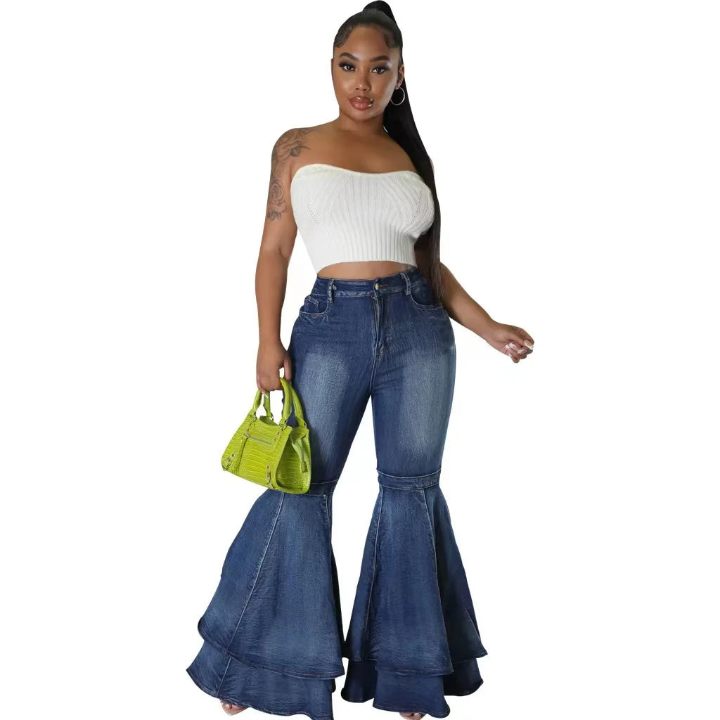 Fashion Versatile Wide Leg Washed Denim Stretch Flared Pants Women