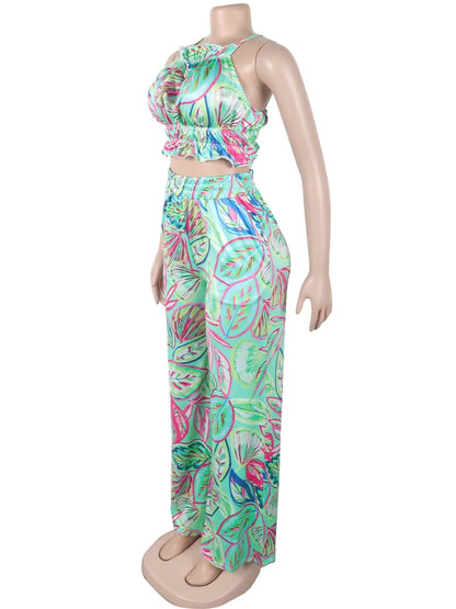Beyprern Women Tropical Leaf Printed Lace-Back Crop Top And Wide Legs Pant Set Summer Ruched Floral Tracksuits Set Beach Outfits