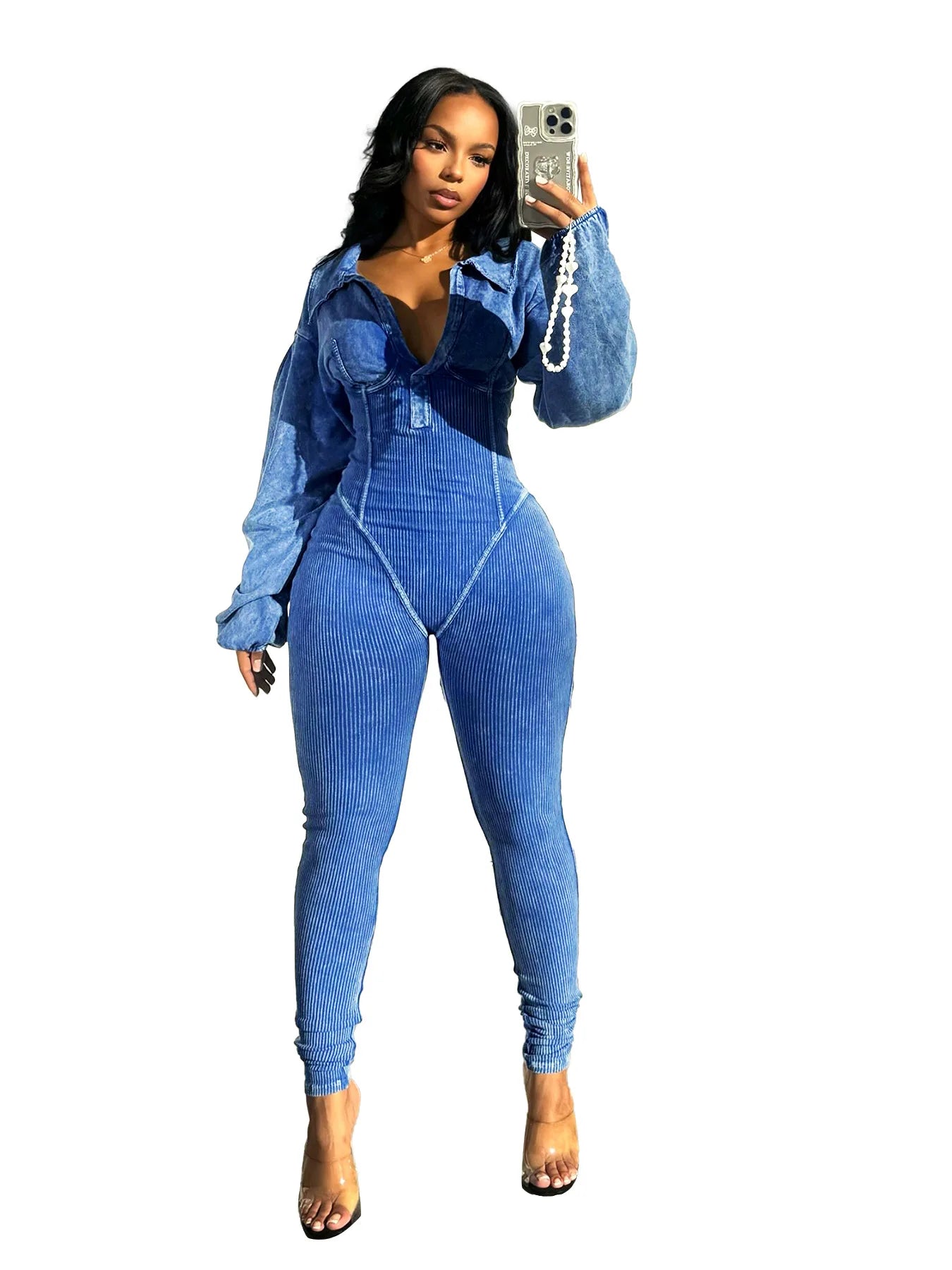 Women's Clothing 2025 Spring Summer New Fashion Bubble Sleeves Sexy Deep V Tight Waist Casual Long Sleeved Jumpsuit Pants
