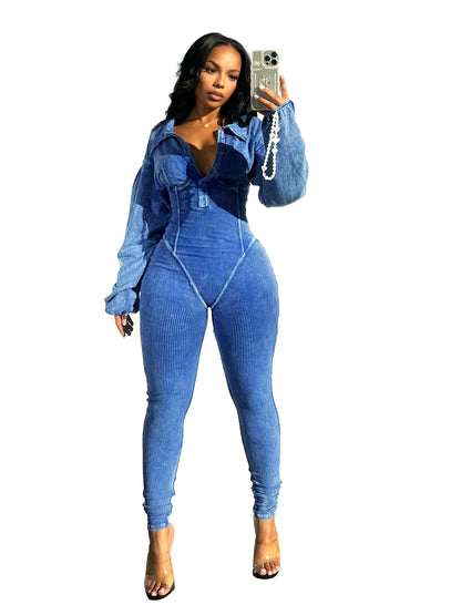 Women's Clothing 2025 Spring Summer New Fashion Bubble Sleeves Sexy Deep V Tight Waist Casual Long Sleeved Jumpsuit Pants