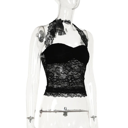 Cuteandpsycho Sexy Lace Patchwork Y2K Camisoles Backless Transparent Slim Outfits Party 90s Vintage Clubwear Halter Neck Tops