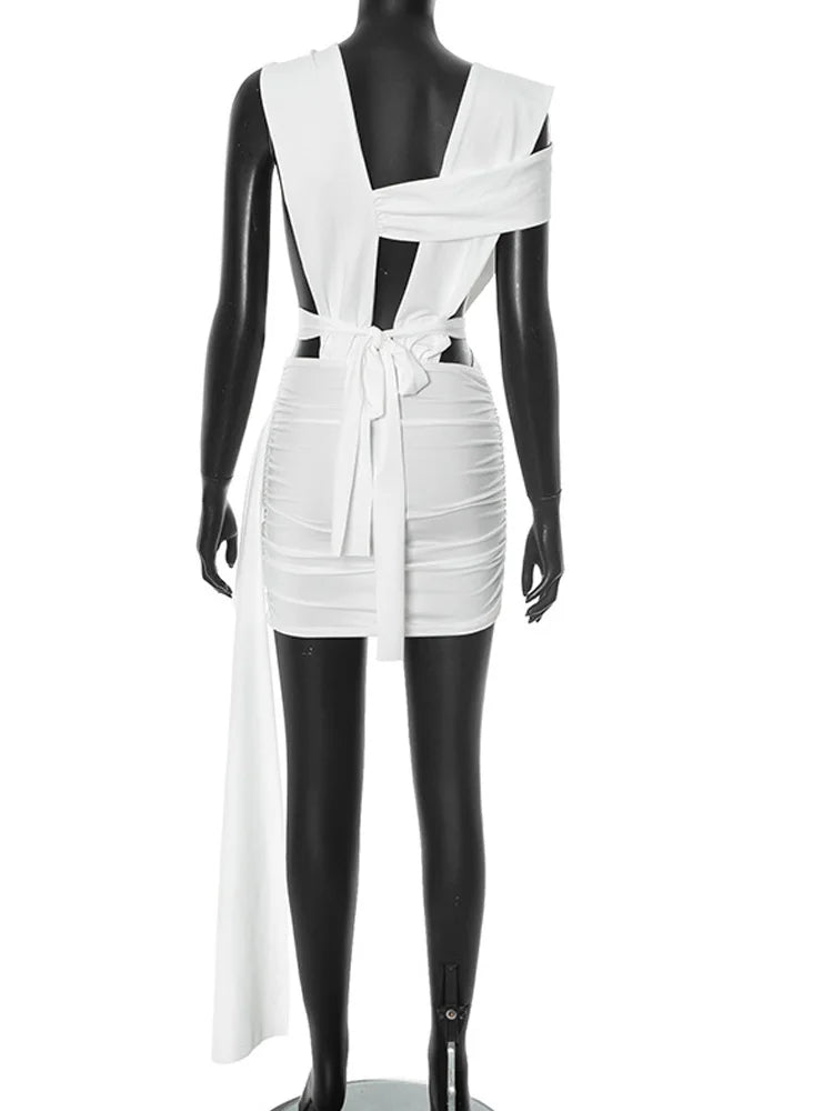 Beyprern Women's Cut Out O-Rings Metal Short Dress Sexy Hollow Out Long Straps Slim Night Out Party Dresses Clubwear Vestidos