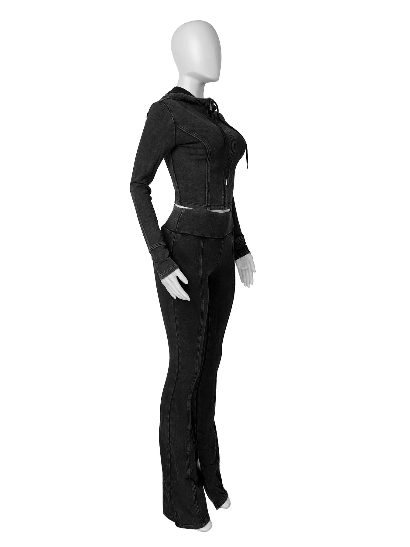 Weird Puss Distressed Women Two Piece Set Tracksuit Zip Hooded Jacket+Waistband Flare Pants Streetwear Matching Stripe Outfits
