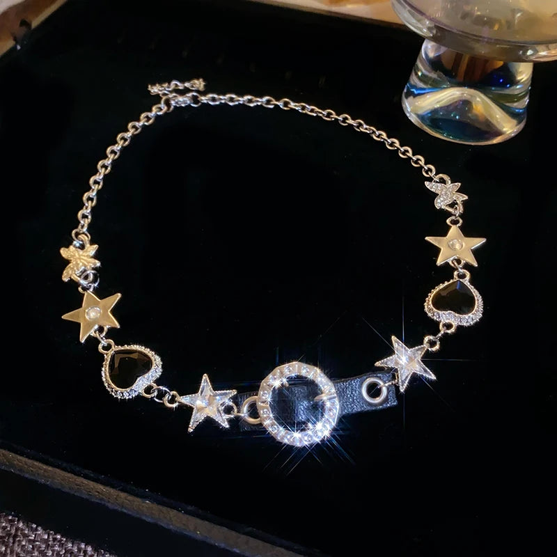 Silver Color Hollow Star Choker Necklaces For Women Long Tassel Rhinestone Imitation Pearl Chain Necklaces Statements Jewelry