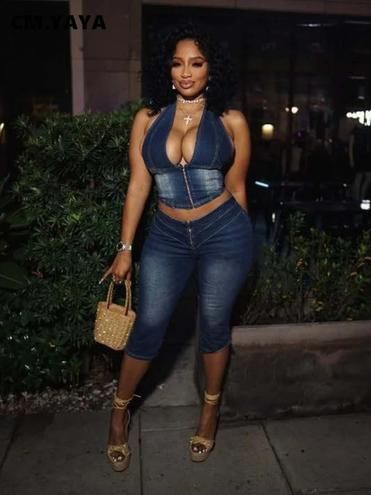 CM.YAYA Fashion ZIP Denim Women's Set sleeveless Crop Top and Calf Length Jeans Pants 2025 Two 2 Piece Sets Outfits Tracksuit