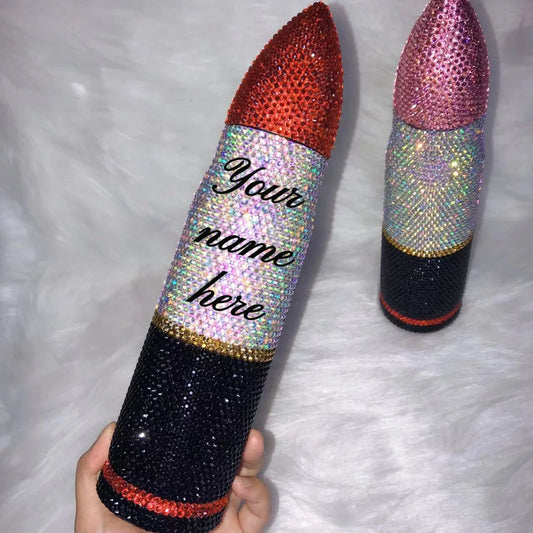 Bling Lipstick Tumbler Customize Name Logo Rhinestone Thermos Cup 17oz Lipstick Shape Stainless Steel Water Bottle Coffee Mugs