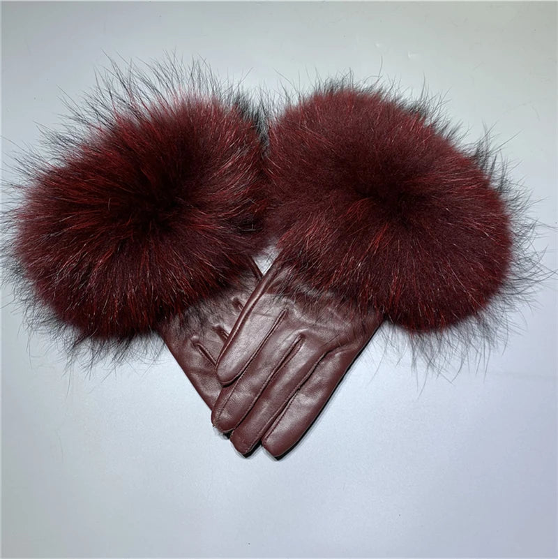 Jxwatcher Wholesale Fox Fur Gloves Winter Female Luxury Style Warm Sheepskin Genuine Leather Gloves Driving Thickening Mitten