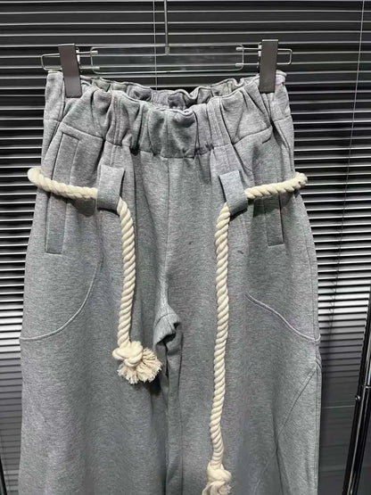 DEAT Fashion New Women's Cotton Rope Design Casual Pants 2024 Autumn Trendy Elastic High Waist Wide Leg Trousers Female 33A1851