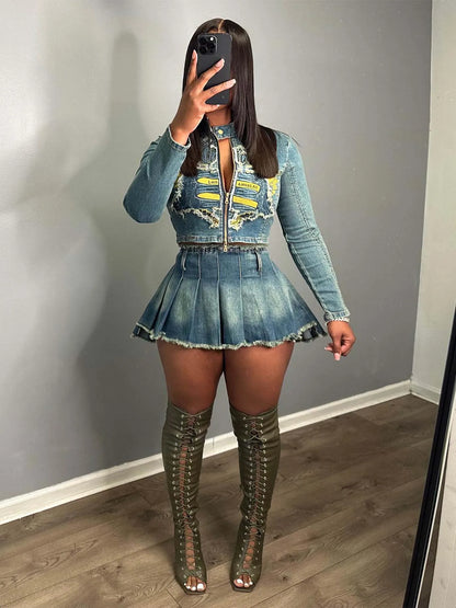 CM.YAYA Denim Women's Set Letter Embroidery Full Sleeve Jacket and Pleated Skirts Suits Streetwear Sexy Two 2 Piece Set Outfits