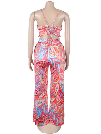 Beyprern Women Tropical Leaf Printed Lace-Back Crop Top And Wide Legs Pant Set Summer Ruched Floral Tracksuits Set Beach Outfits