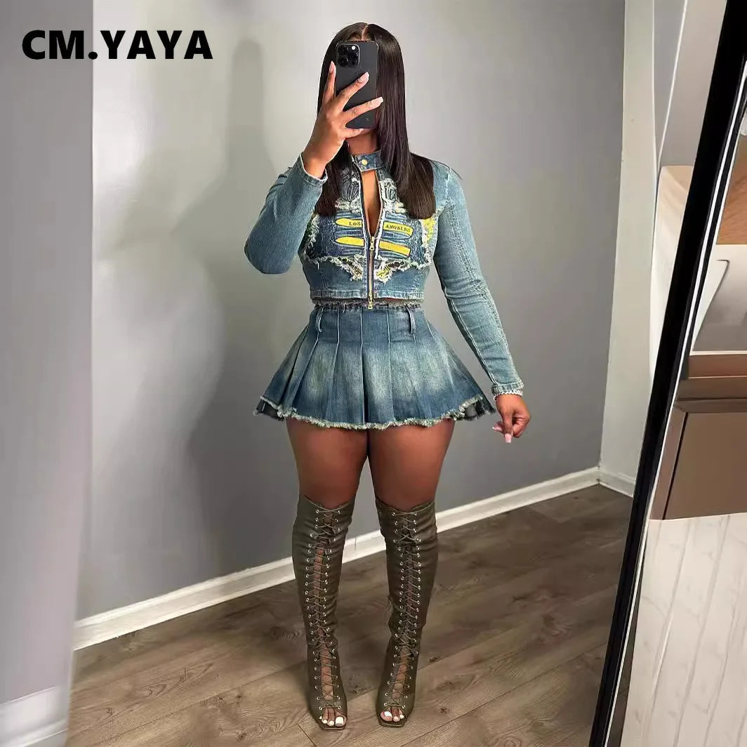 CM.YAYA Denim Women's Set Letter Embroidery Full Sleeve Jacket and Pleated Skirts Suits Streetwear Sexy Two 2 Piece Set Outfits