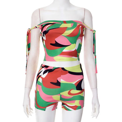 Joskaa Colorful Print Beach Style 2 Piece Sets Women Swimsuit Sexy Tube Tops and Shorts Matching 2025 Summer Bathing Suit