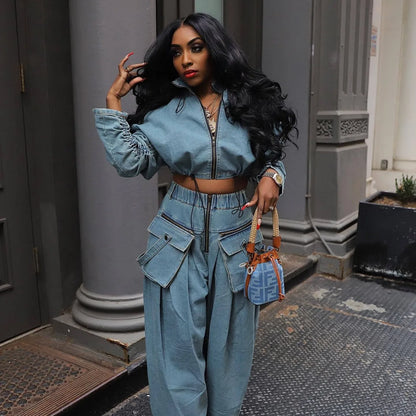 Denim Two Piece Sets Women Pant Set Y2k Streetwear Coats Jeans Elegant Matching Sets Coat Top Long Pants Jackets Streetwear