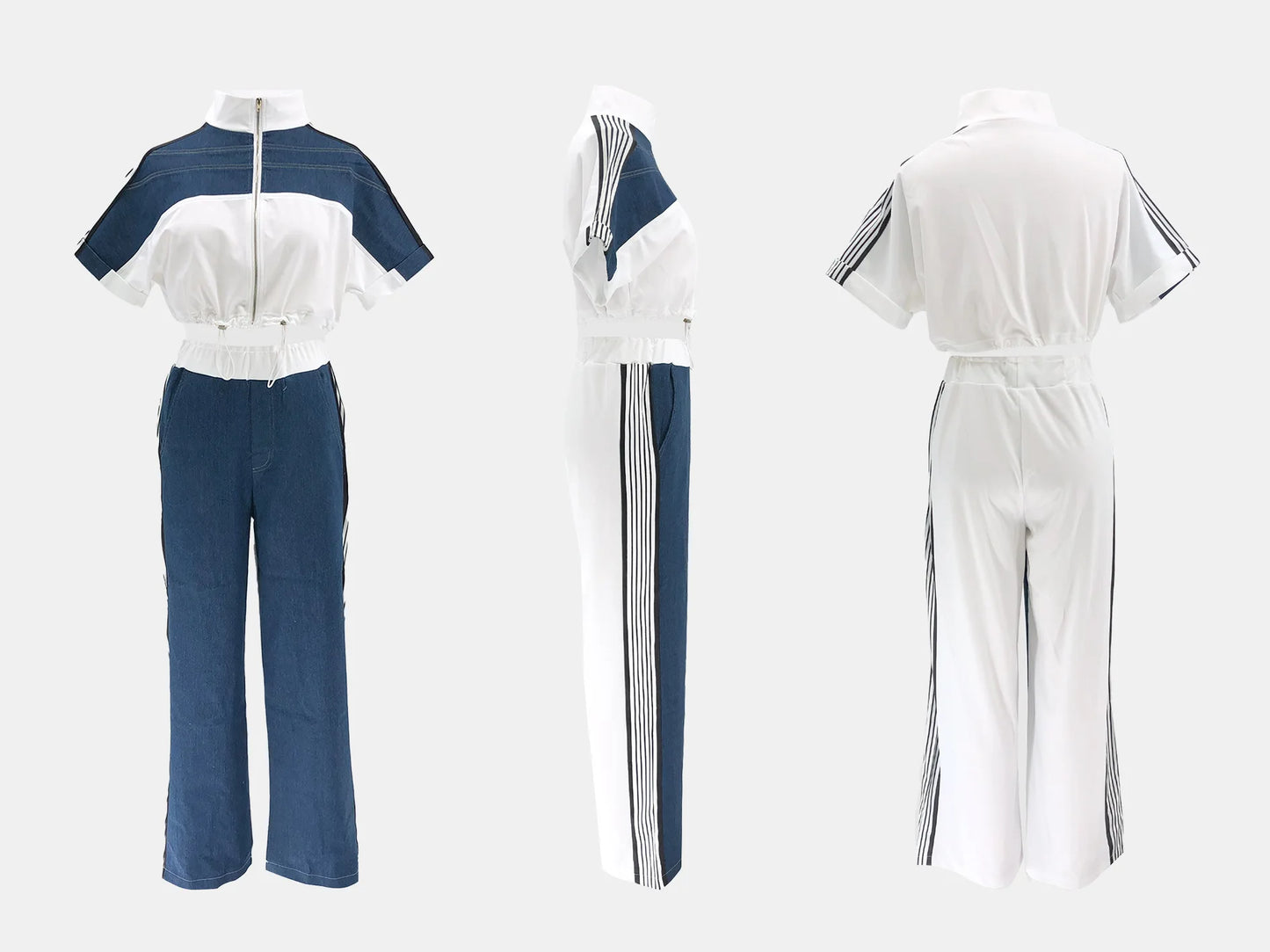 Pant Set Women Two Piece Sets Denim Matching Sets Jogger Tracksuit Matching Sets Zipper Tops Wide Leg Long Pants Elastic Waist