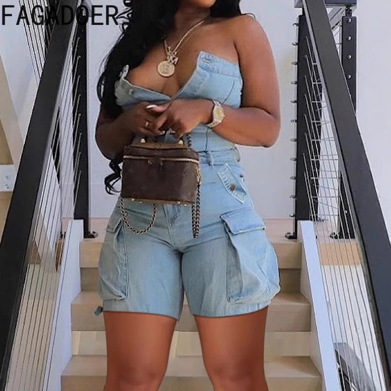 FAGADOER Fashion Cargo Pocket Patchwork Denim Romper Women Button Backless Sleeveless Jumpsuit Female Streetwear Overalls 2025