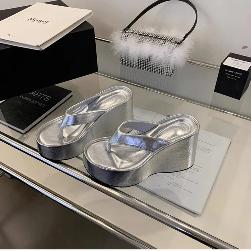 Design Summer Chunky Woman Slippers Fashion Platform Wedges High Heel Silvery Ladies Shoes Zapatillas De Mujer