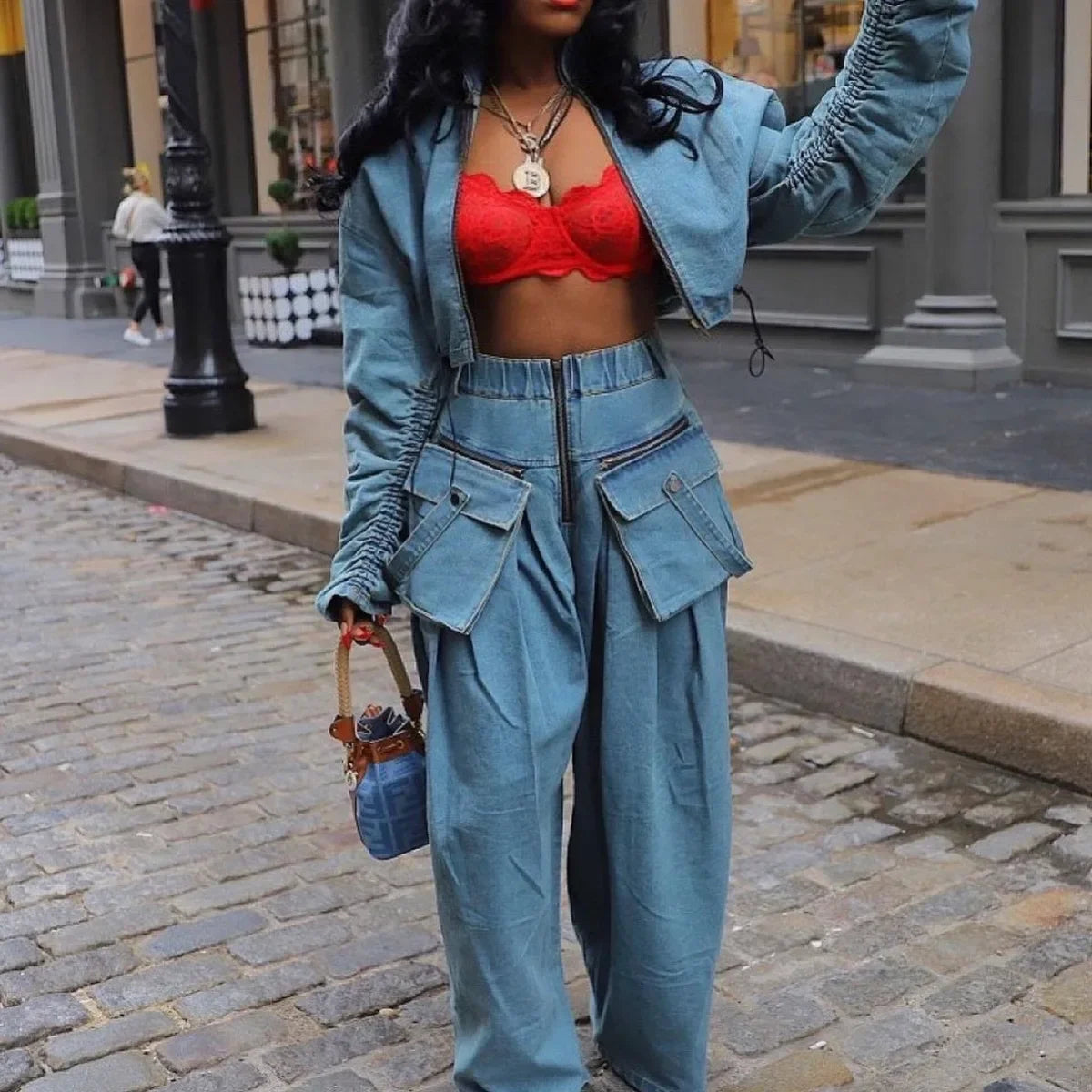 Denim Two Piece Sets Women Coat Jacket Wide Leg Pants Jeans Suits Matching Sets Trousers Outfits 2025 Y2k Streetwear Party